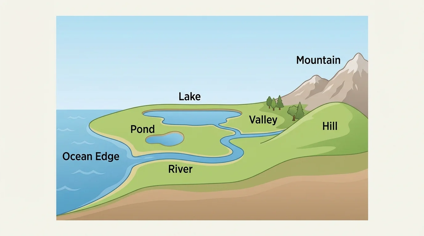 Simple landscape with hill, mountain, valley, river, lake, pond, and ocean edge labeled with short labels
