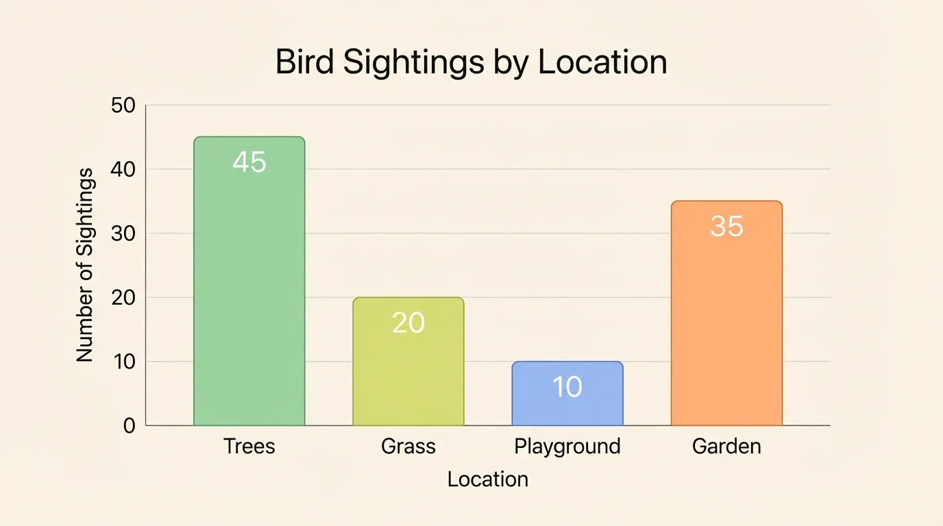 bar graph of bird sightings in trees, grass, playground, and garden with clearly labeled axes