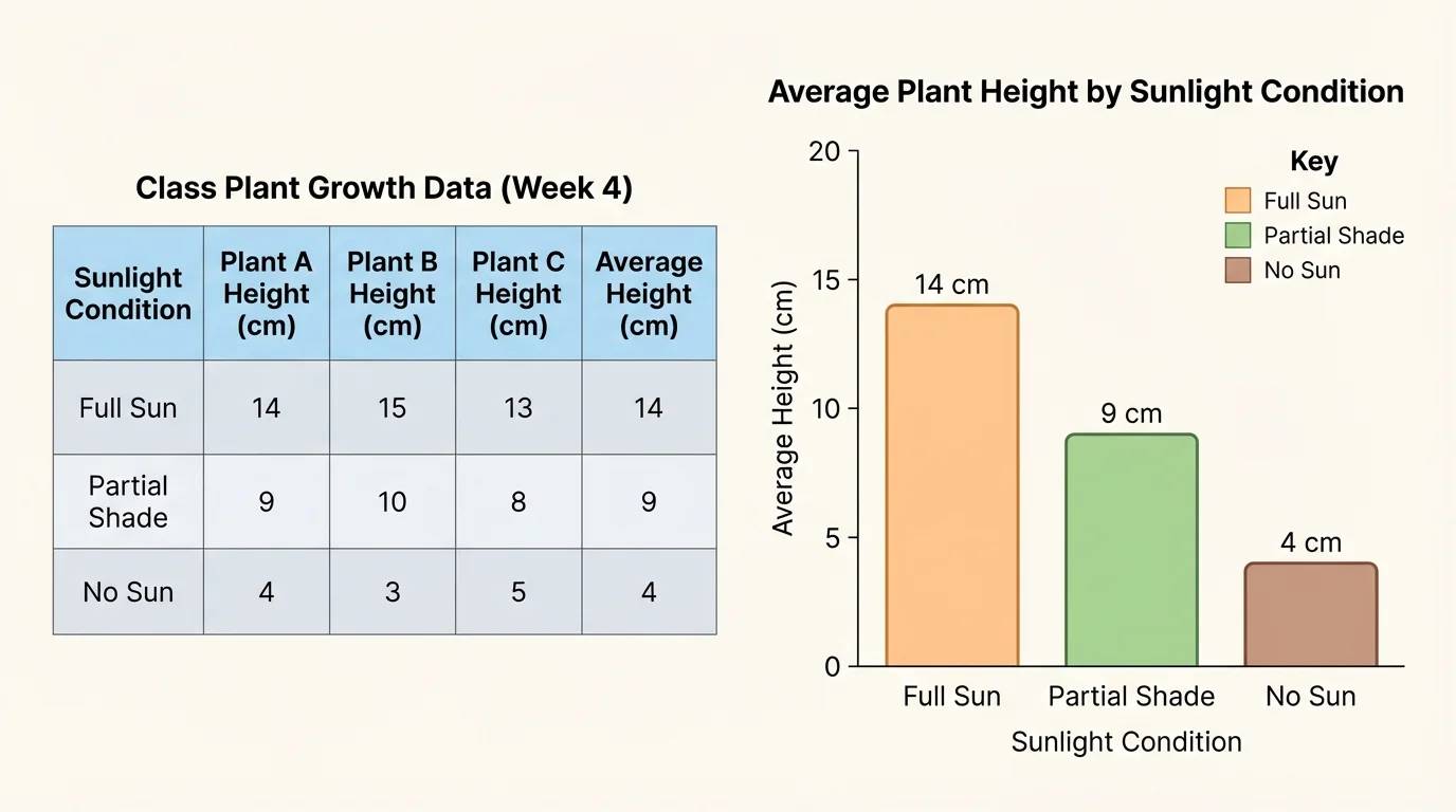 class plant growth data displayed as a labeled table beside a bar graph with heights for sunlight groups