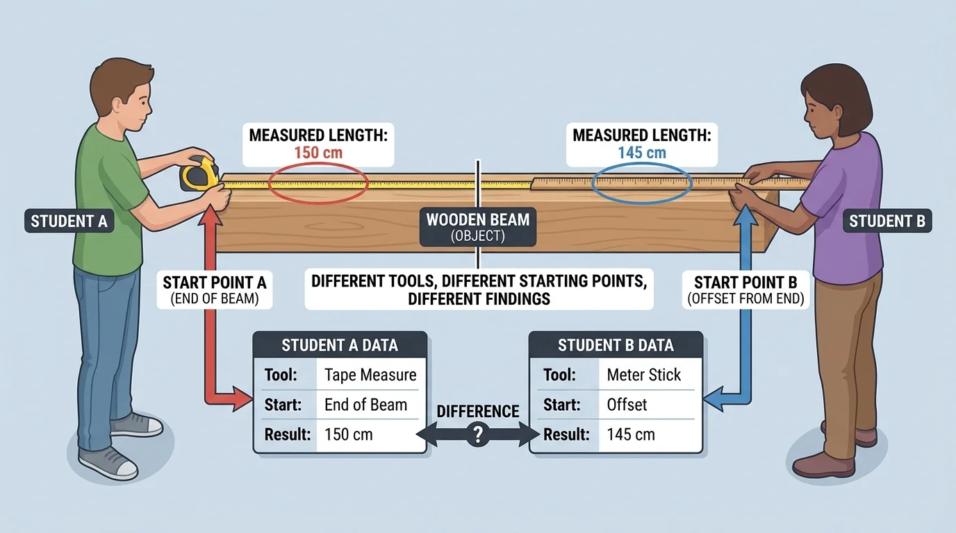two students measuring the same object with different tools and starting points, showing how methods change results
