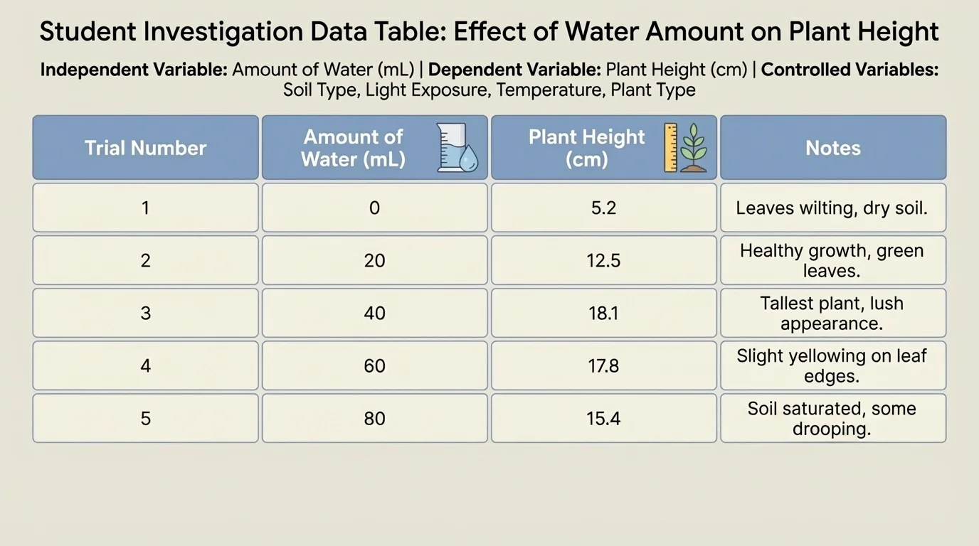 A student investigation data table with columns for trial number, amount of water, plant height, and notes