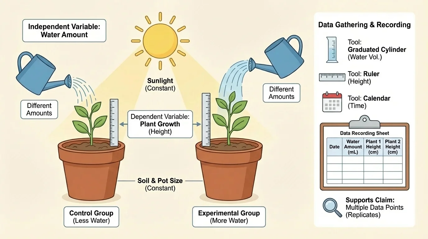 Two plant pots receiving different amounts of water while pot size, soil, and sunlight stay the same, with labels for independent variable, dependent variable, and controls