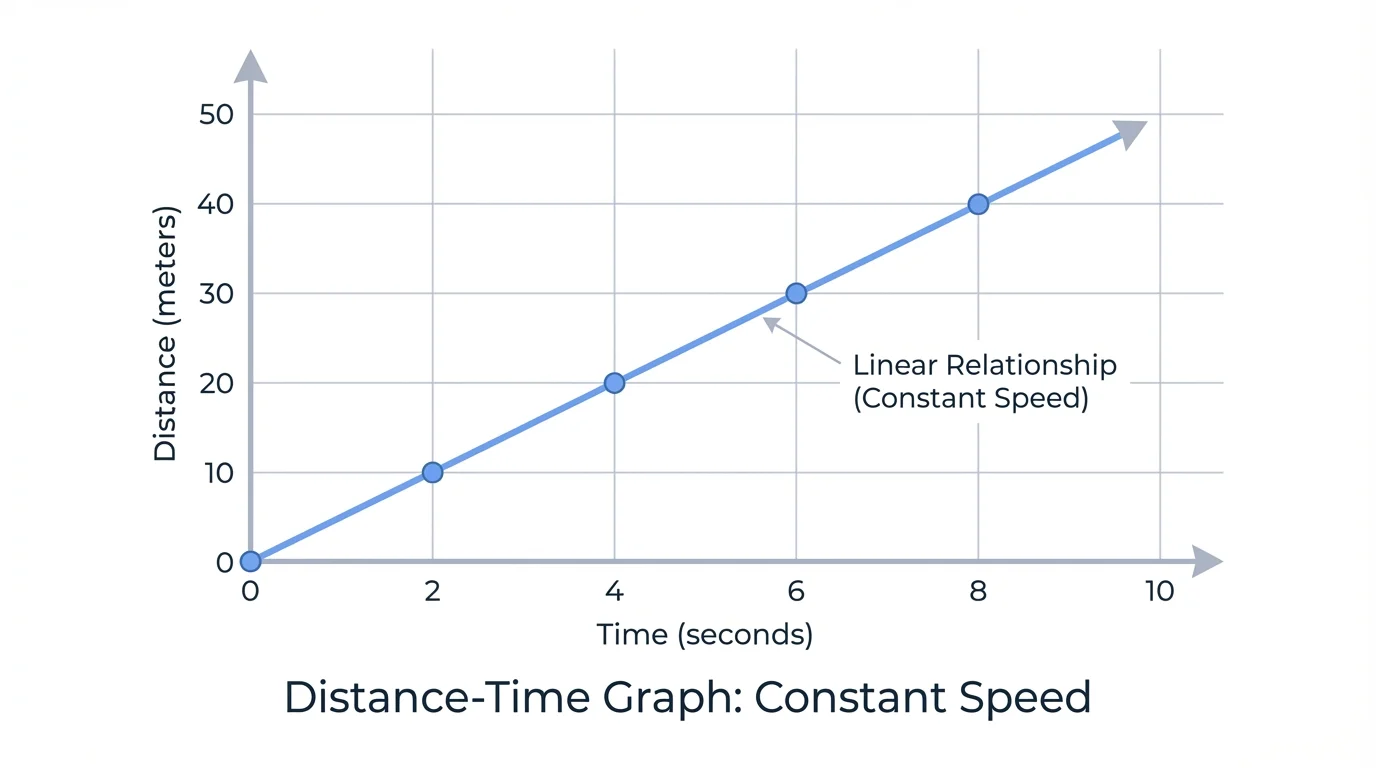 Graph of distance versus time with points rising in a straight-line pattern, showing constant speed