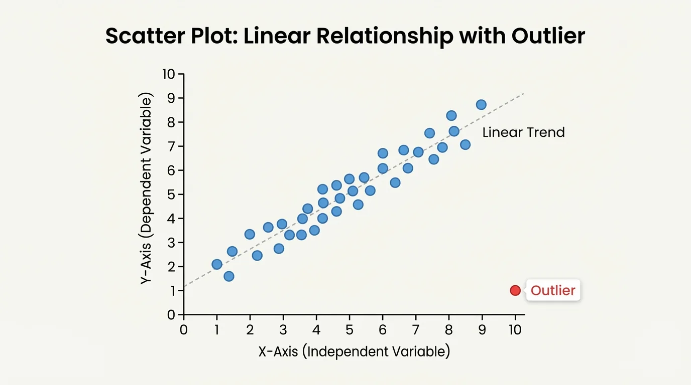 Scatter plot with most points following an upward trend and one point far from the others as an outlier