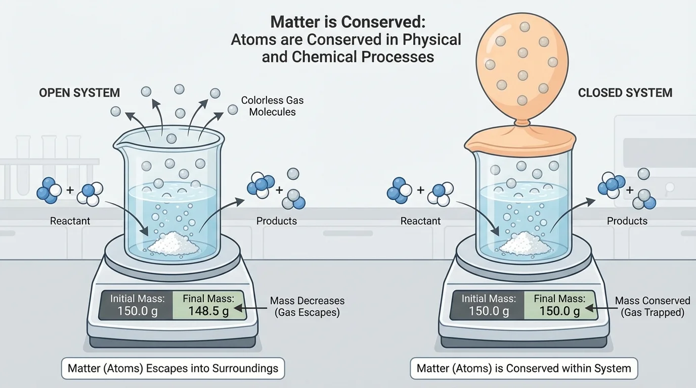comparison of an open container and a sealed container during a reaction, with gas escaping from the open system and gas retained in the closed system