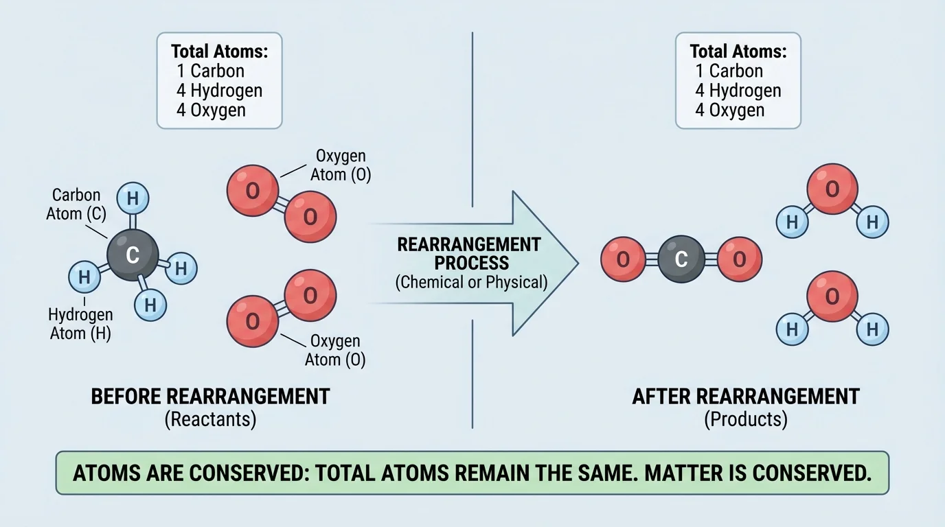 colored particle model showing atoms in one set of molecules before rearrangement and the same atoms in different molecules after rearrangement, with matching total counts of each atom type