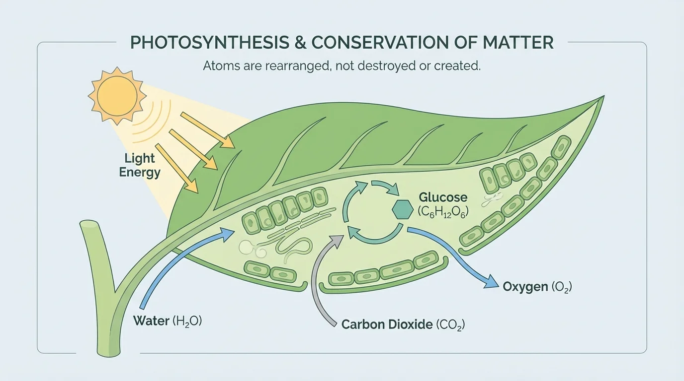 labeled leaf diagram showing carbon dioxide entering, water entering, light striking leaf, glucose formed, and oxygen leaving