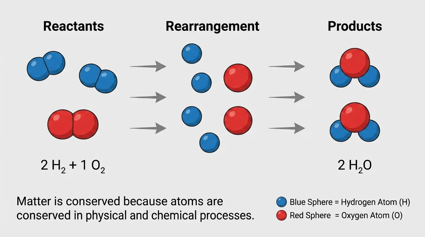 particle model of two hydrogen molecules and one oxygen molecule rearranging into two water molecules, with atom colors matched and counts preserved