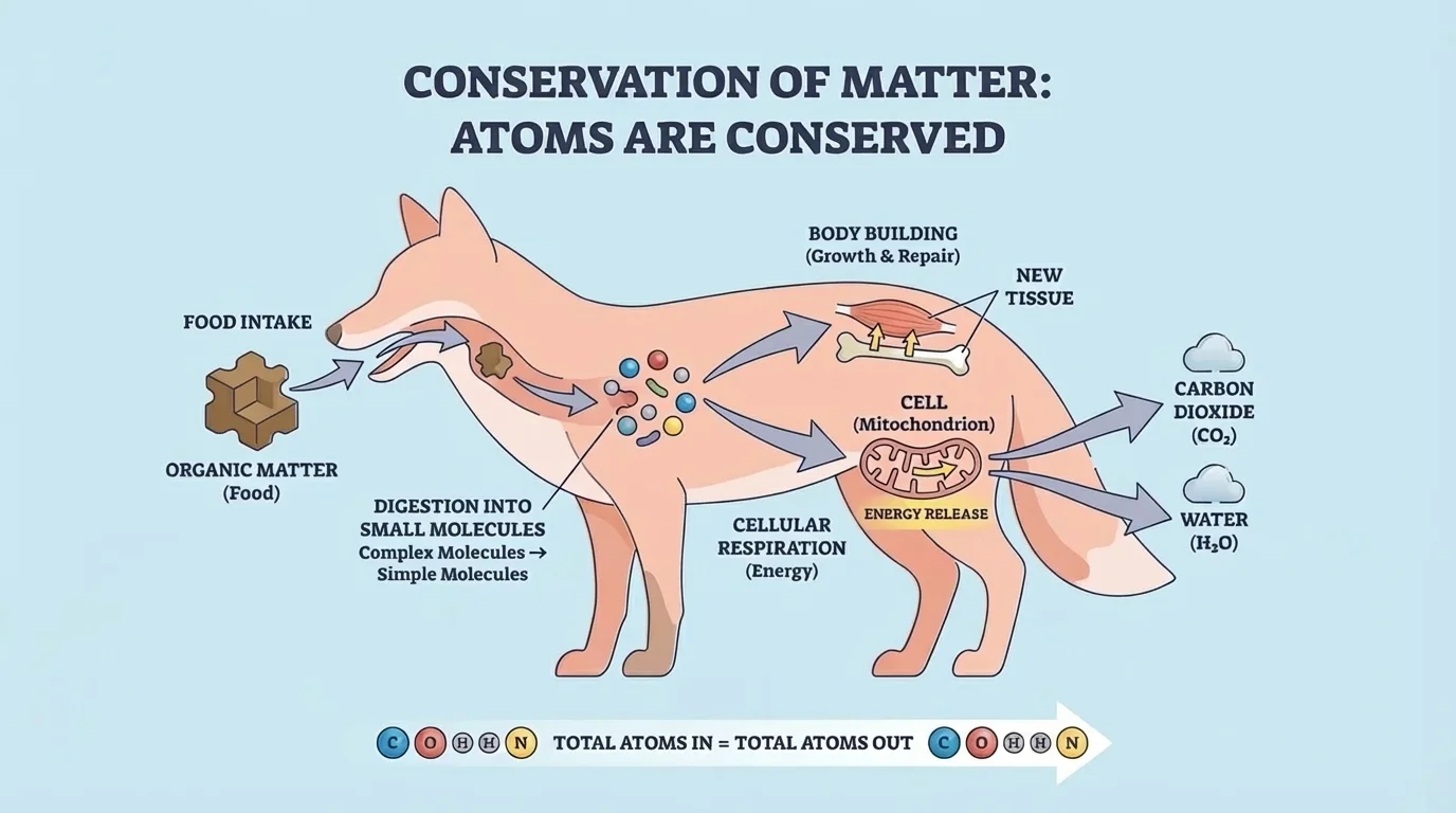 food entering an animal, digestion into small molecules, arrows to body building and cellular respiration, with outputs carbon dioxide and water