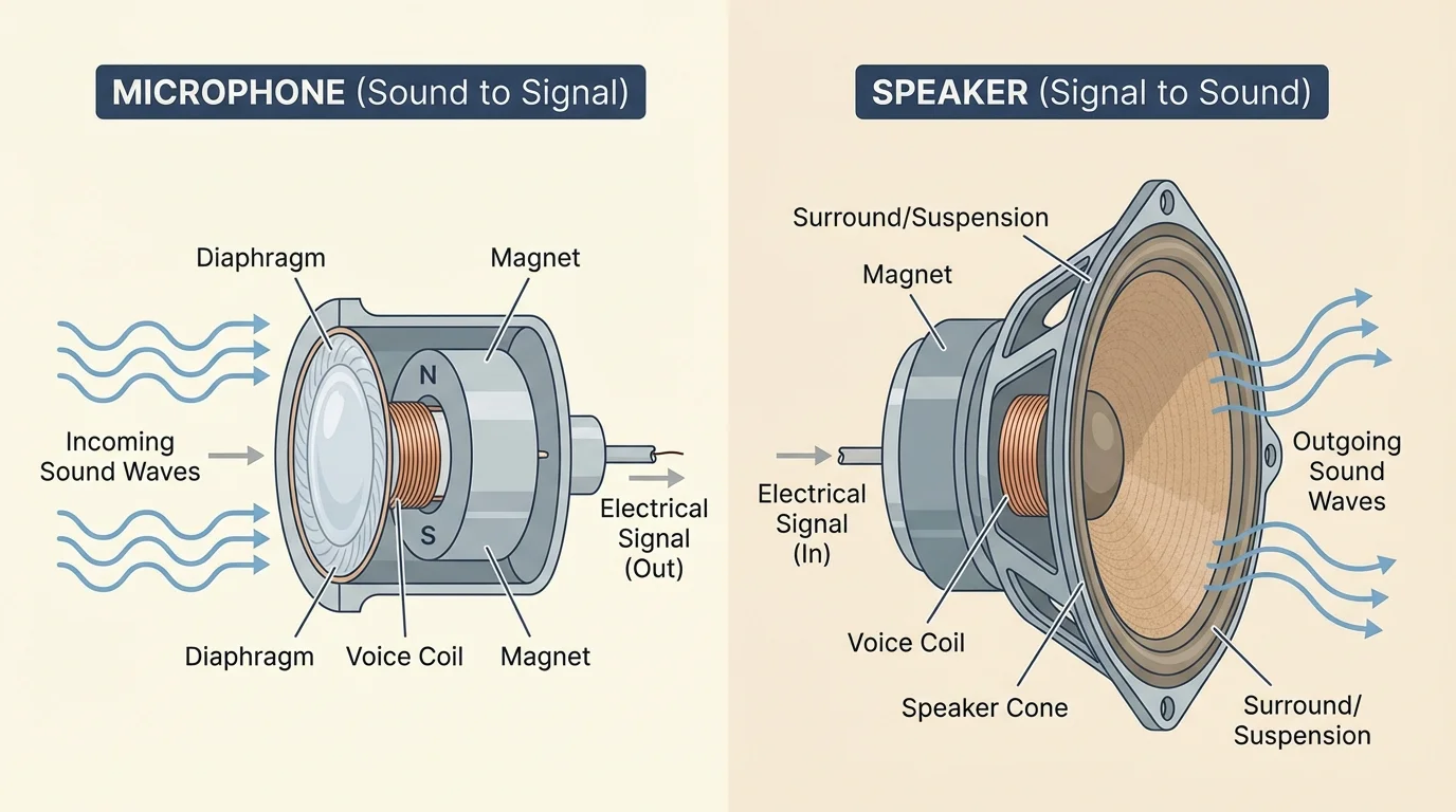 labeled comparison of a microphone diaphragm and a speaker cone, with sound waves entering the microphone and leaving the speaker