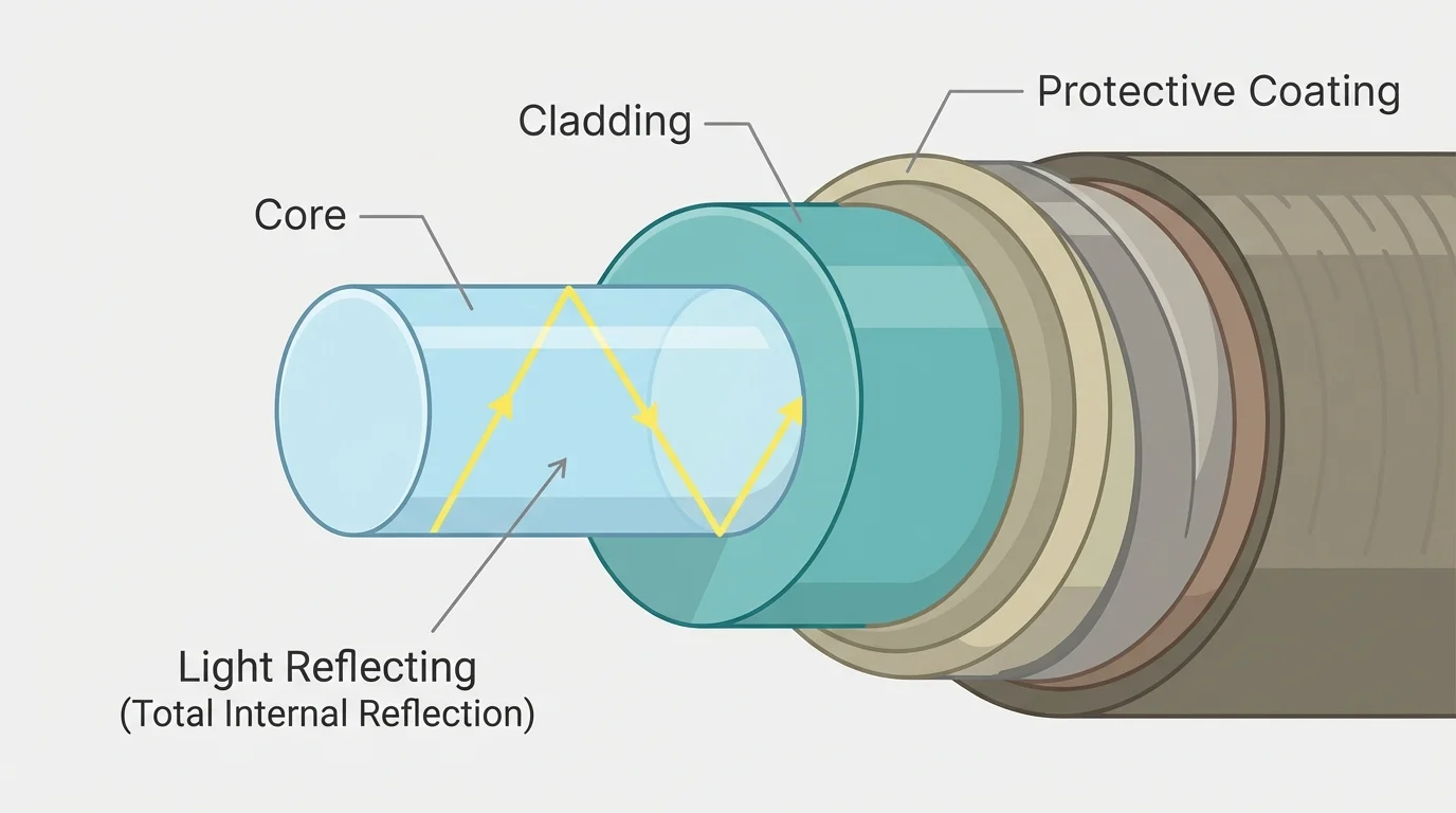cross-section of a fiber-optic cable with labeled core, cladding, protective coating, and light reflecting inside the core