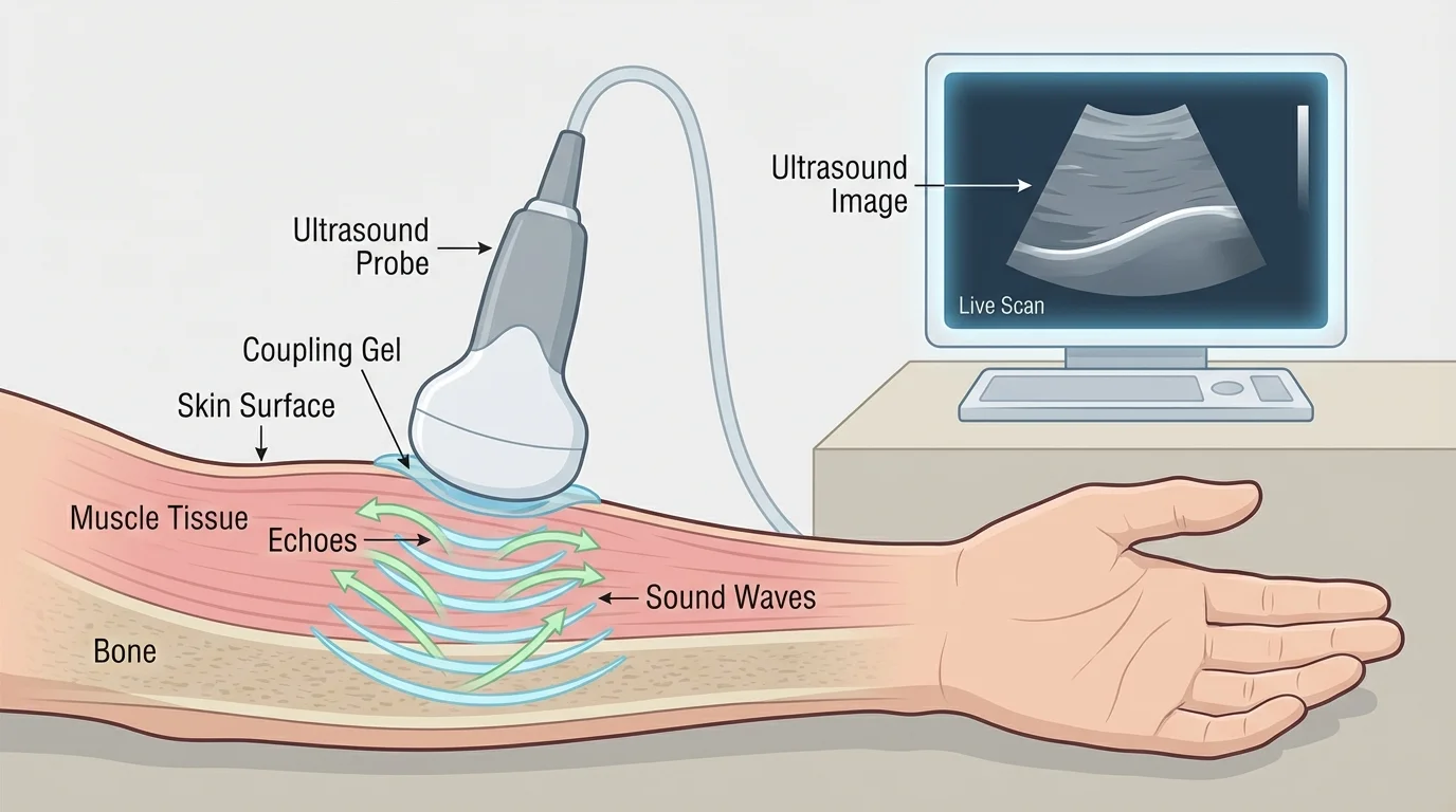 medical ultrasound probe on a person's arm sending sound waves into tissue and receiving echoes, with a nearby screen showing the resulting image