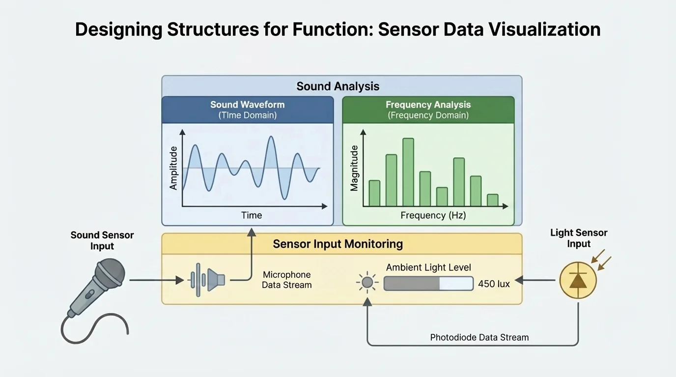 tablet or computer screen showing a sound waveform, frequency bars, and labeled sensor inputs for sound and light