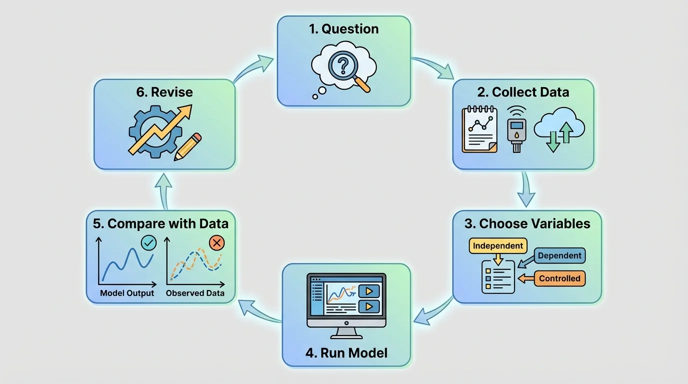 scientific modeling cycle with question, collect data, choose variables, run model, compare with data, revise