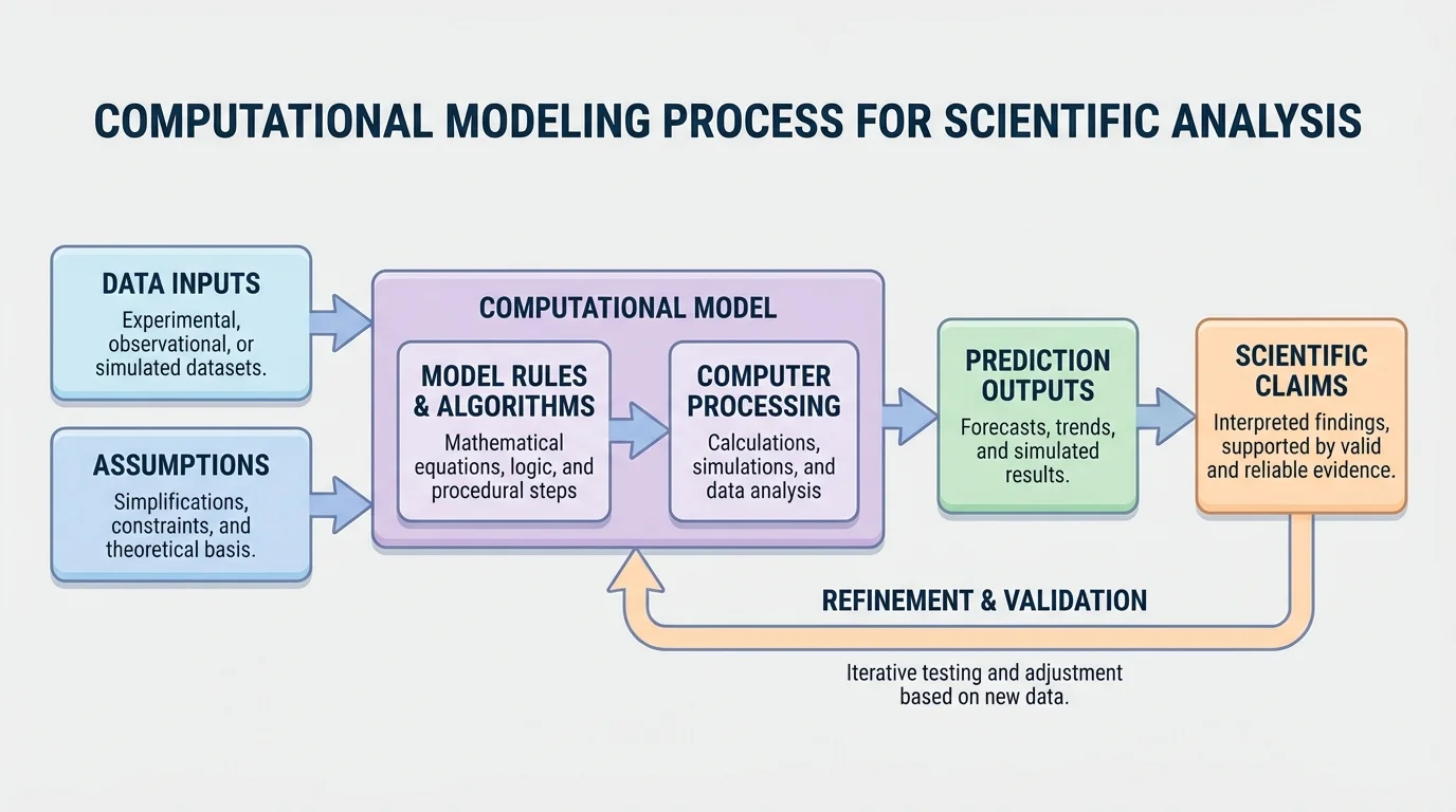 flowchart showing data inputs, assumptions, model rules, computer processing, and prediction outputs