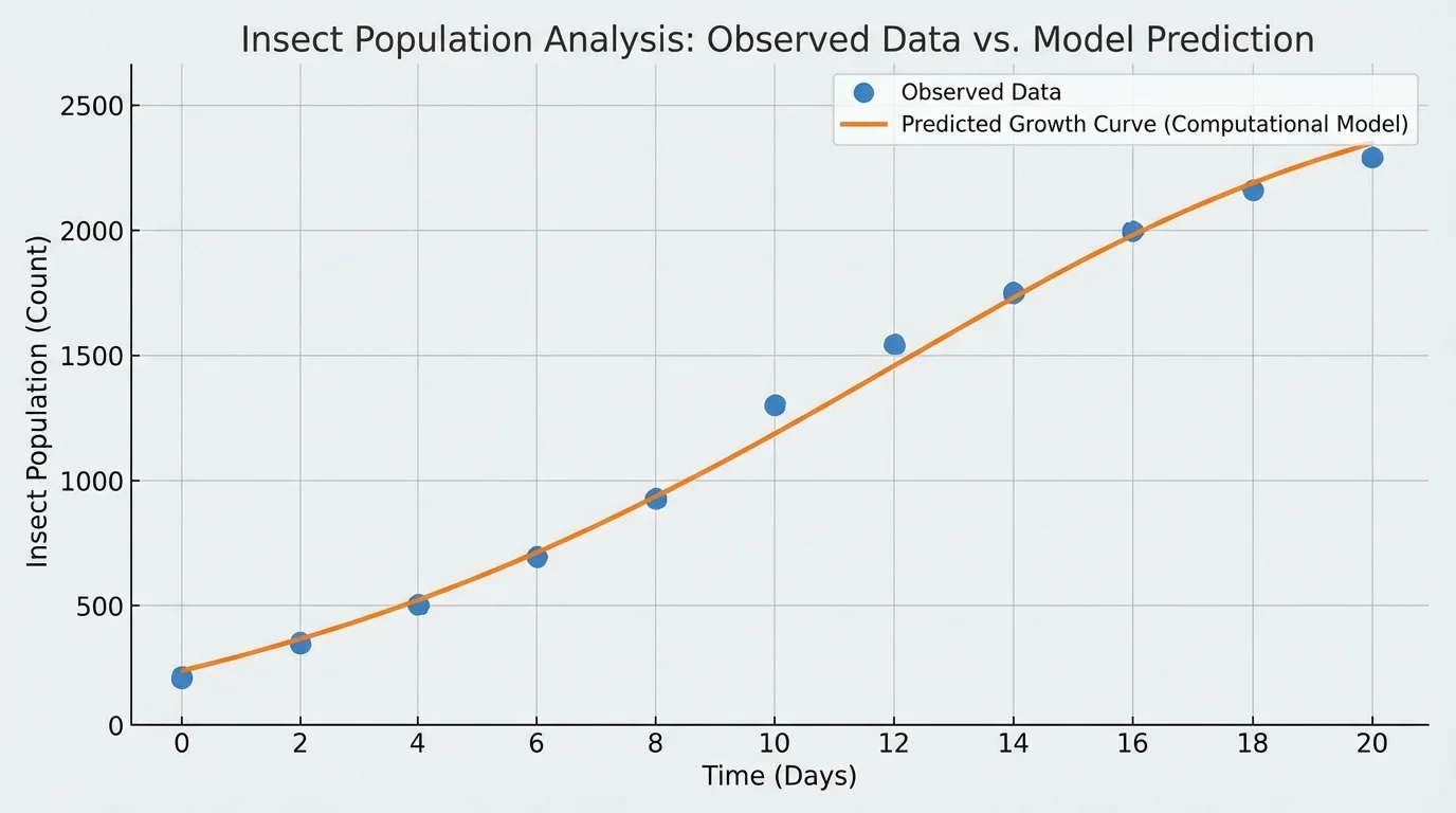 line graph with observed insect population points and a predicted growth curve across several days
