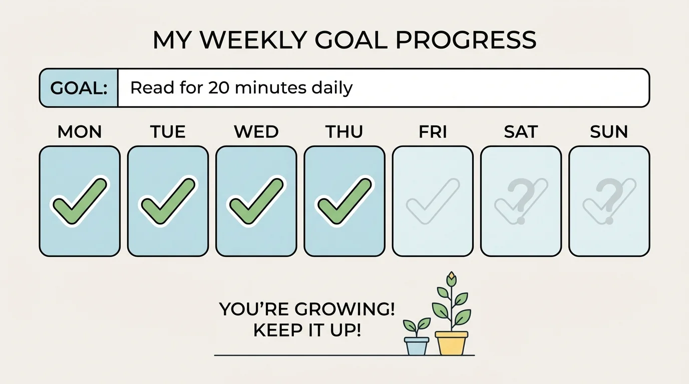 child-friendly weekly progress chart with one goal, seven boxes, some checked and some unchecked