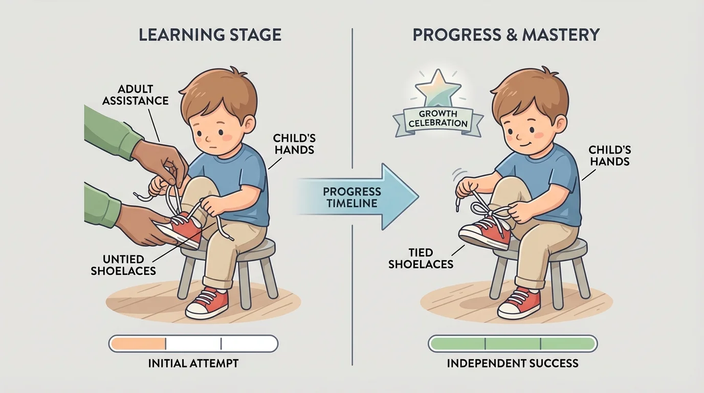 side-by-side illustration of a child first needing help and later doing more of the task alone, such as tying shoes or reading