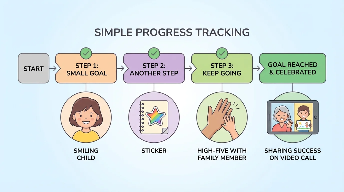 small celebration choices with a child smiling, a sticker, a high-five with family member, and sharing success on a video call