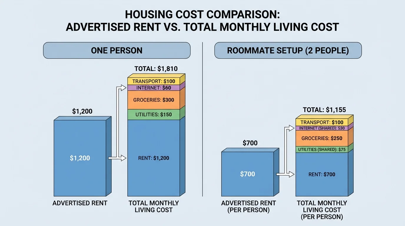 Housing cost chart comparing advertised rent versus total monthly living cost for one person and for a roommate setup, with labeled categories like rent, utilities, groceries, internet, transport