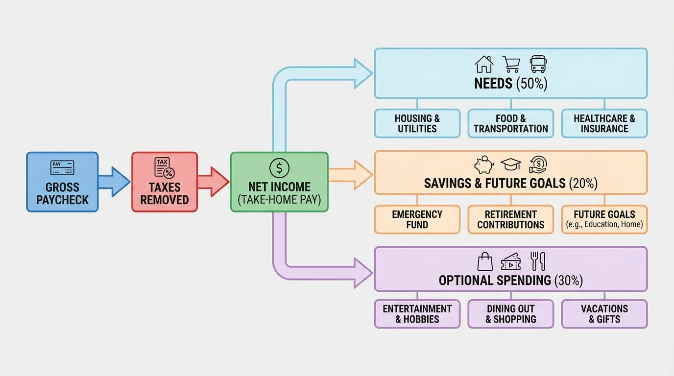 Monthly budget flowchart showing paycheck moving into taxes already removed, then splitting into needs, savings, and optional spending categories with simple labels