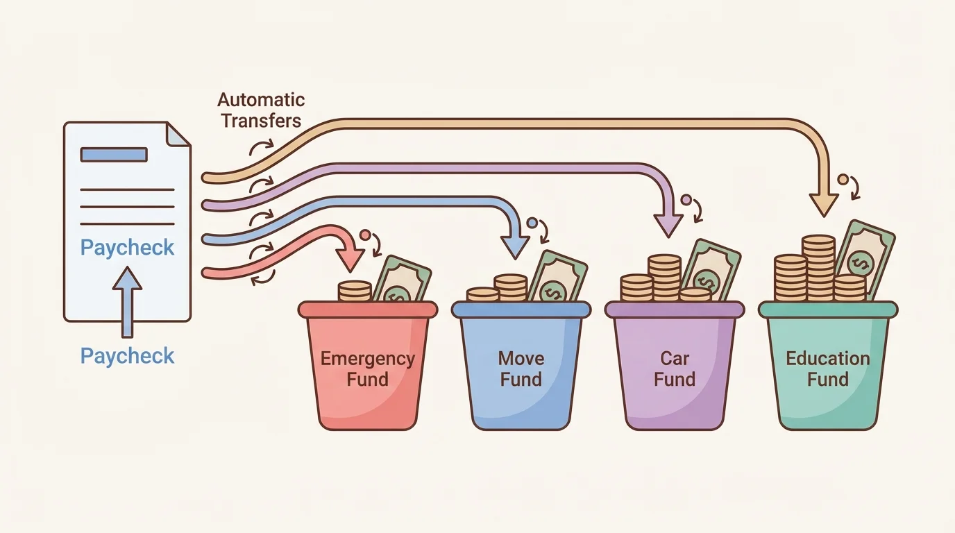 Savings buckets labeled emergency fund, move fund, car fund, and education fund receiving small automatic transfers from each paycheck