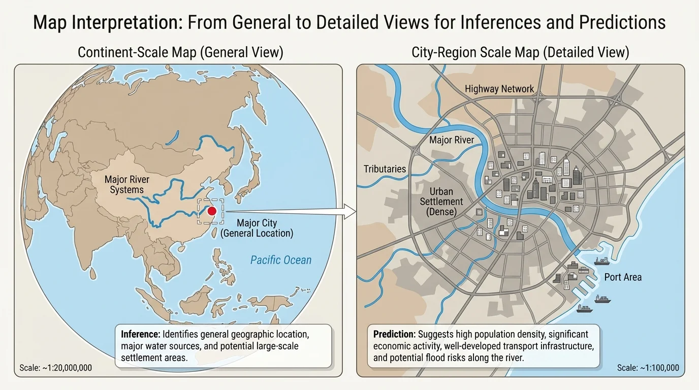 Two maps of the same East Asian area, one continent-scale with few details and one city-region scale with roads, rivers, and dense settlement visible