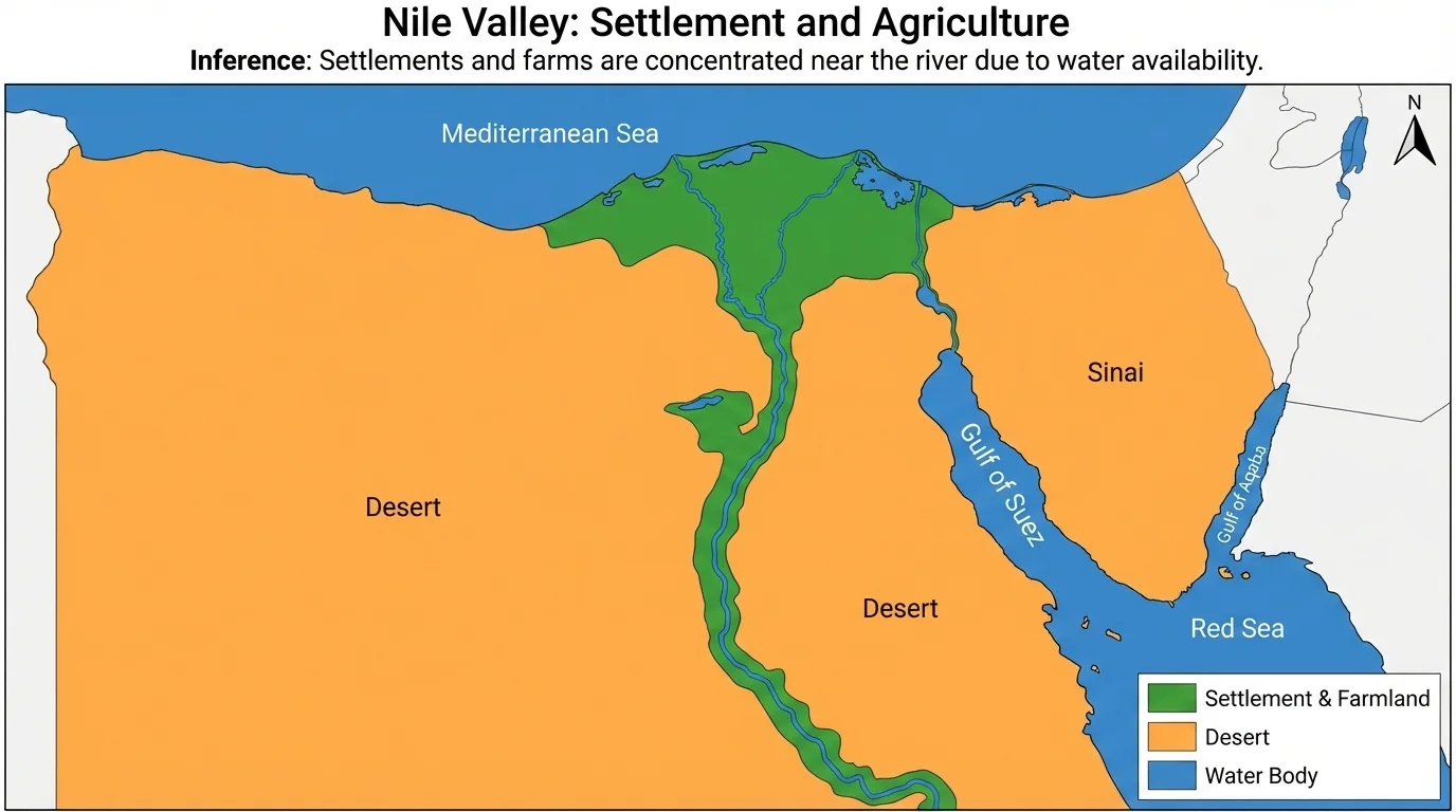 Egypt and the Nile Valley with desert on both sides, dense settlement along the river and delta, and adjacent farmland