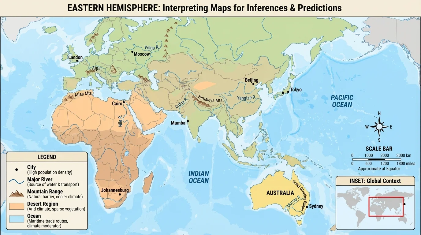 Labeled Eastern Hemisphere map showing title, legend, scale bar, compass rose, labels, and a small inset map for location reference