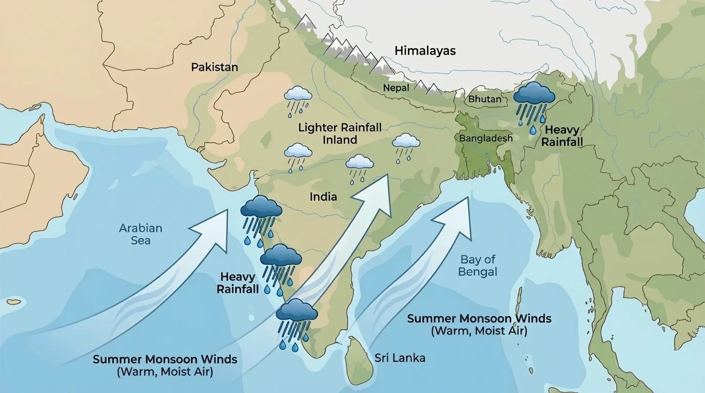 South Asia map with summer monsoon winds moving from the Indian Ocean toward the land, heavy rainfall on India's west coast and northeast, and lighter rainfall inland