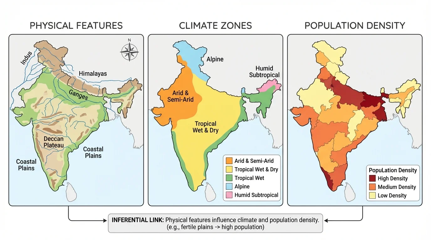 Three side-by-side maps of India showing physical features, climate zones, and population density with simple color coding