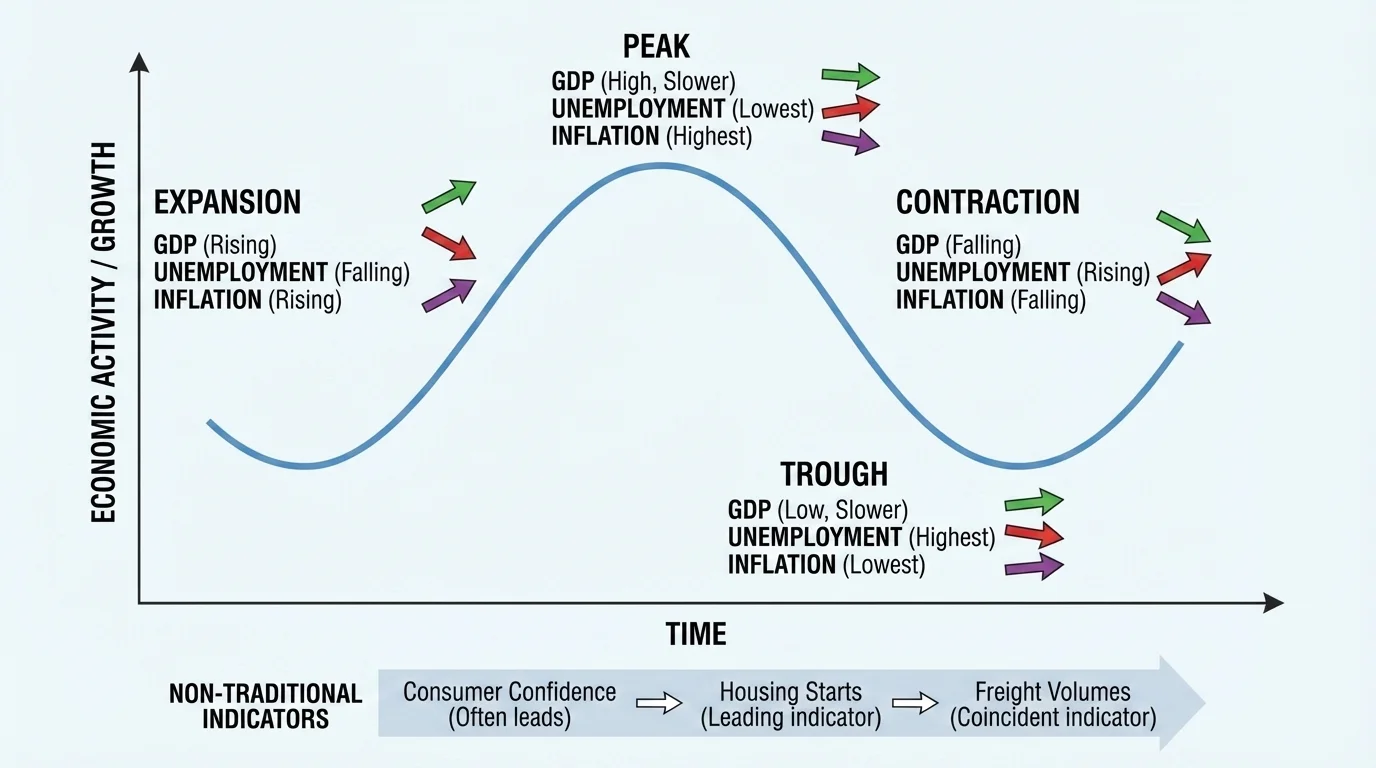Line graph of the business cycle labeled expansion, peak, contraction, and trough with arrows showing GDP, unemployment, and inflation tendencies
