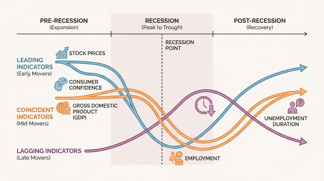 Timeline centered on a recession point showing stock prices and consumer confidence moving first, GDP and employment moving near the same time, and unemployment duration moving later