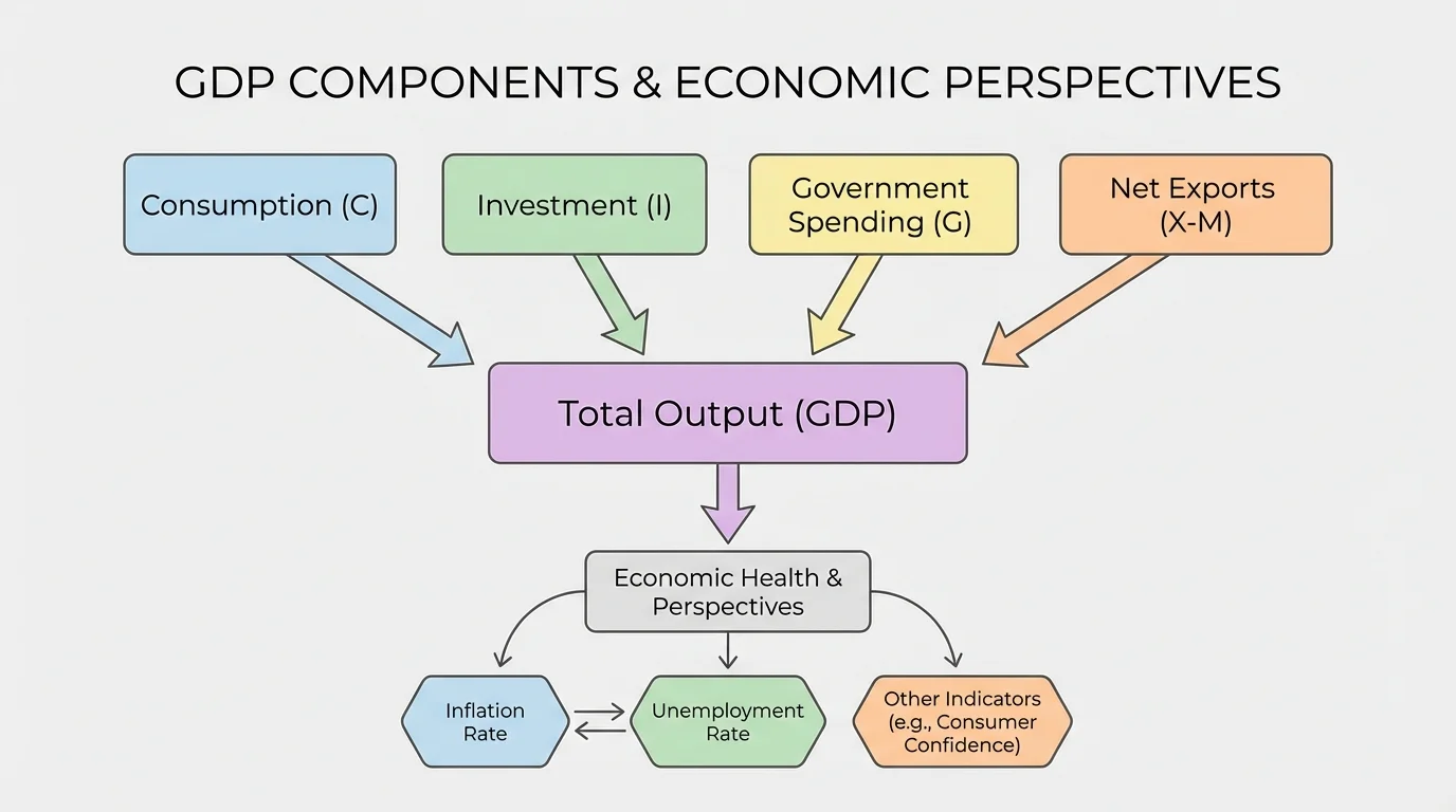Flowchart showing GDP components consumption, investment, government spending, and net exports feeding into total output
