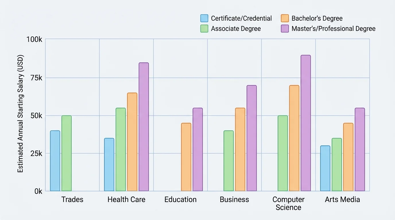 bar chart comparing sample starting salaries in trades, health care, education, business, computer science, and arts media