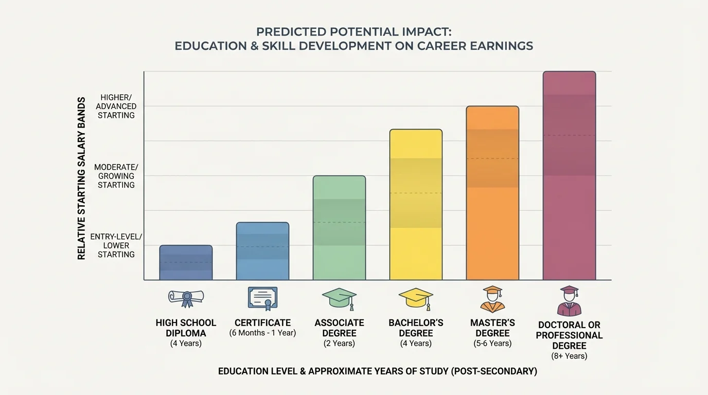 chart comparing high school diploma, certificate, associate, bachelor's, master's, and doctoral or professional degree with approximate years of study and relative starting salary bands