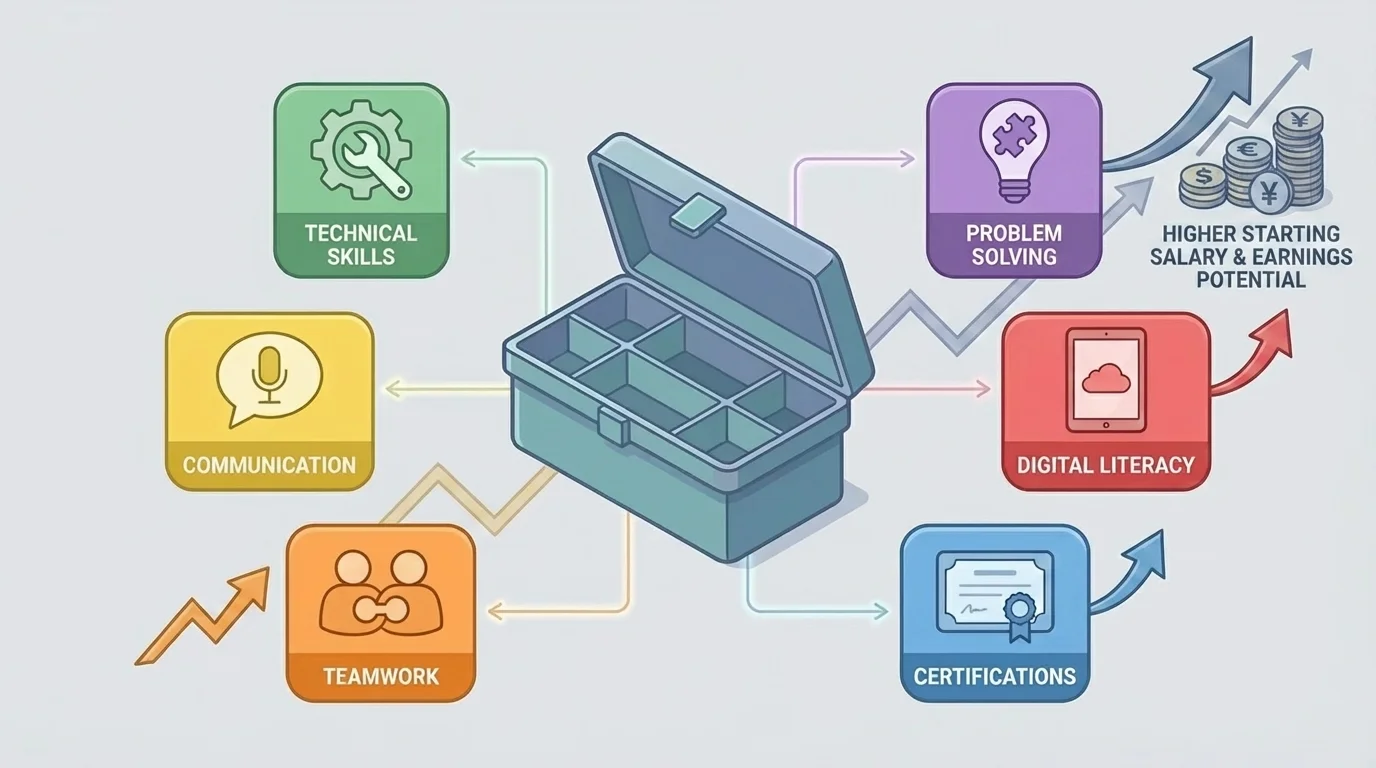 diagram of a career toolkit labeled technical skills, communication, teamwork, problem solving, digital literacy, and certifications