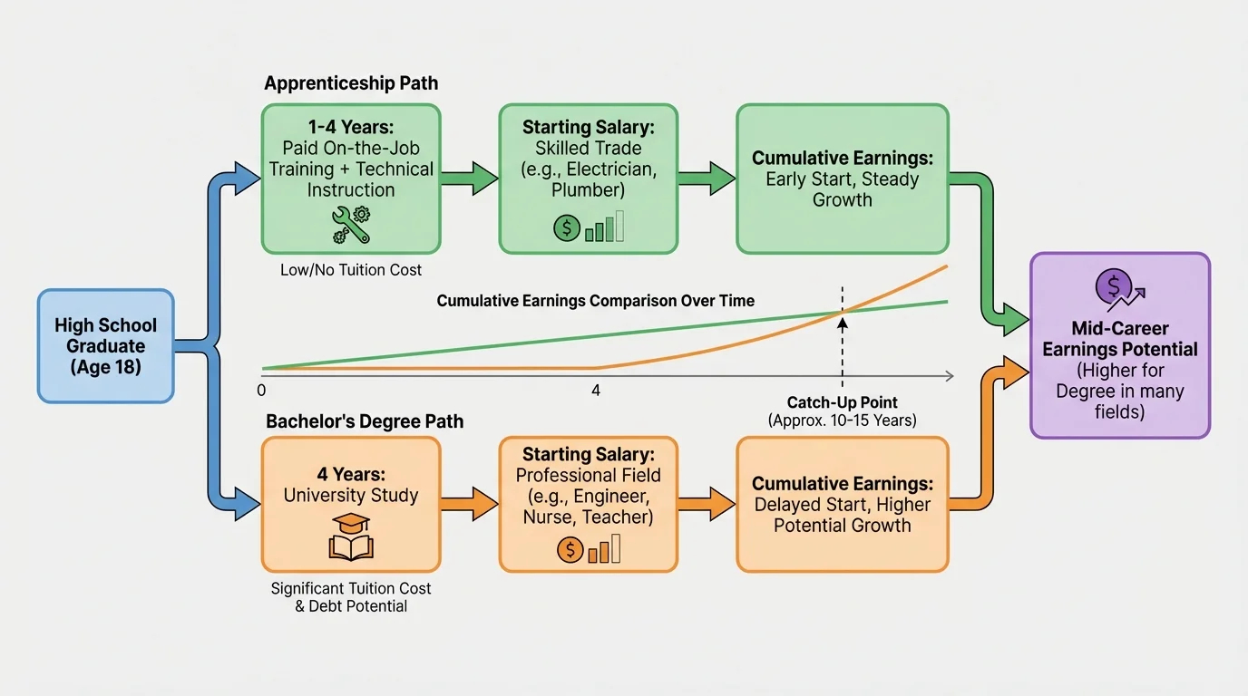 flowchart showing high school to apprenticeship versus bachelor's degree path, including years in school, tuition cost, and when cumulative earnings begin to catch up