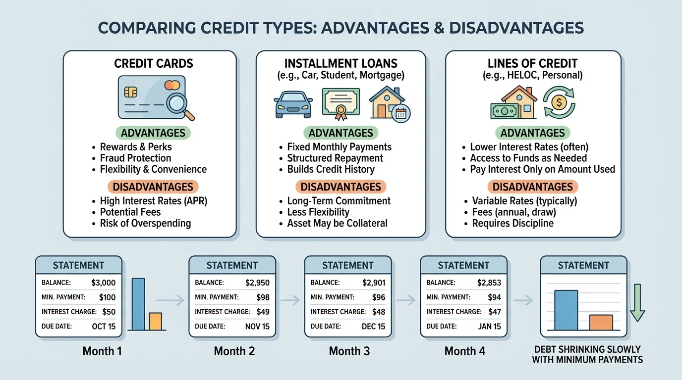 credit card statement showing balance, minimum payment, interest charge, due date, and debt shrinking slowly over several months