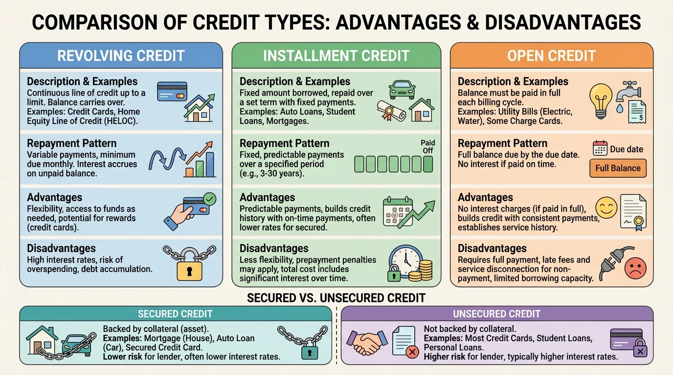 chart comparing revolving credit, installment credit, open credit, and secured versus unsecured credit with examples and repayment patterns