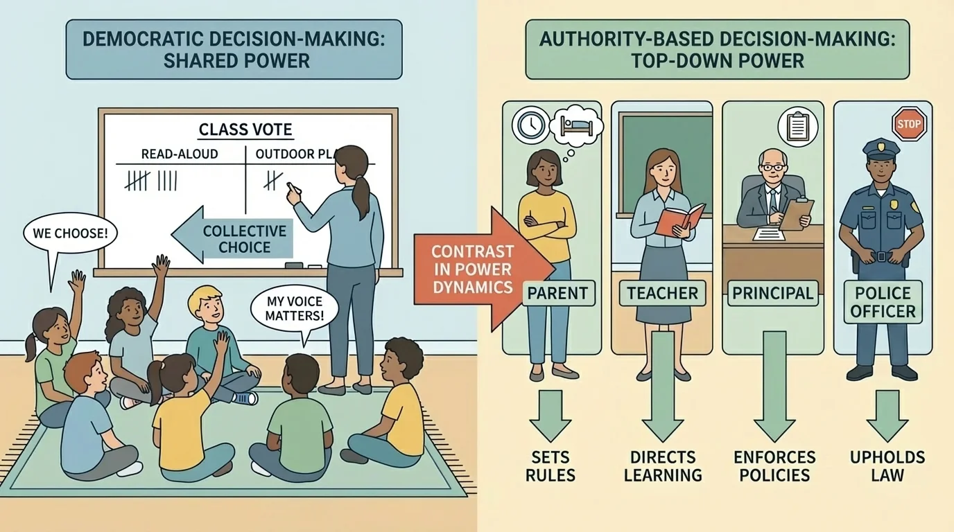 children in a classroom raising hands to choose between read-aloud and outdoor play, teacher counting votes on board