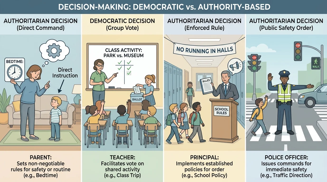 four-panel illustration showing a parent at home, teacher in classroom, principal in school hall, and police officer at crosswalk giving directions
