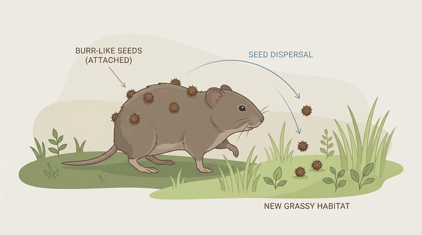 small mammal with burr-like seeds stuck to its fur and some seeds dropping onto the ground in a new grassy place