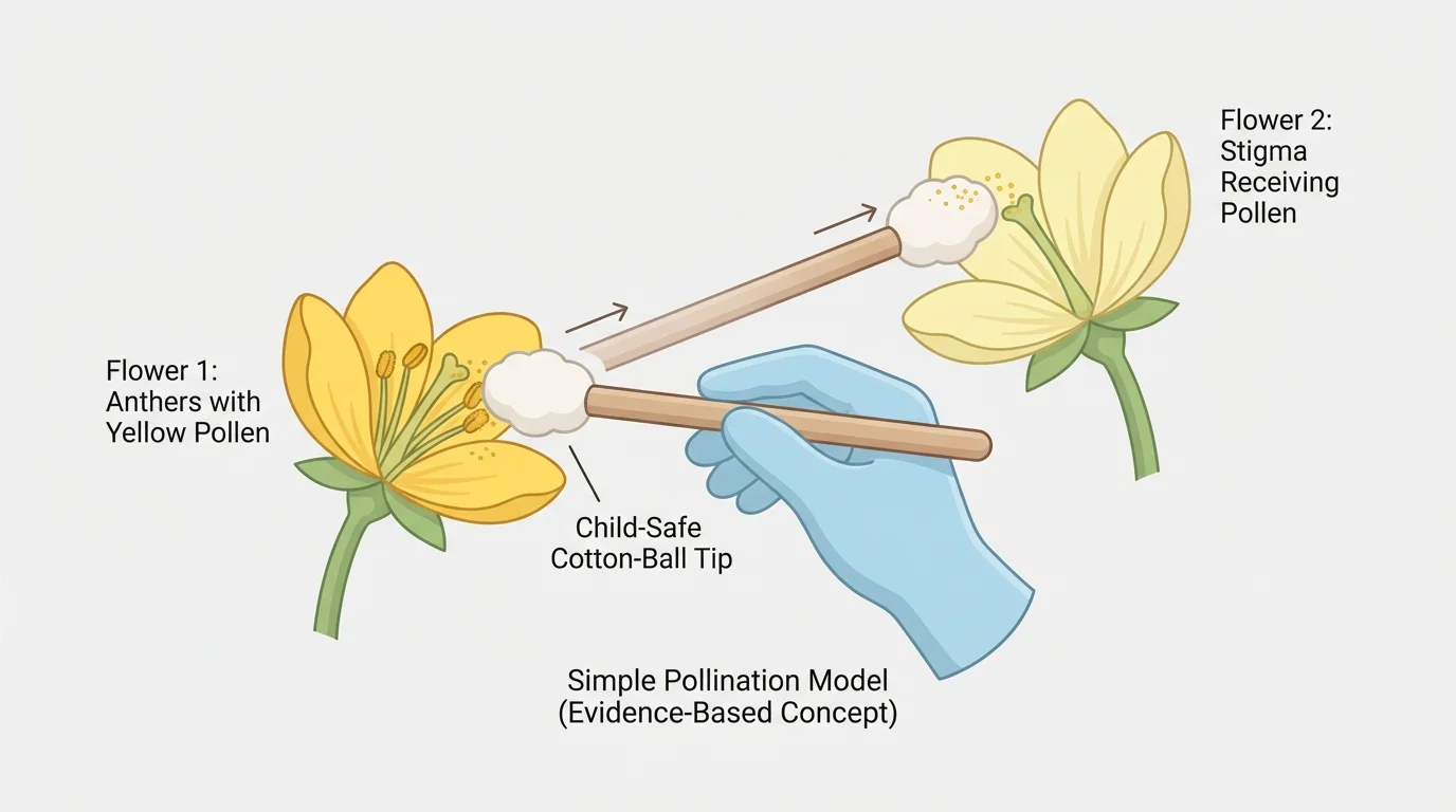 simple child-safe pollination model with a cotton-ball tip touching one flower with yellow pollen and then a second flower receiving some pollen