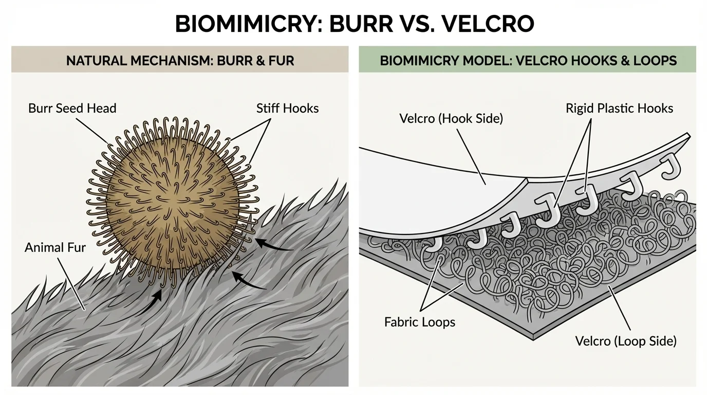 side-by-side comparison of a burr hook catching on animal fur and Velcro hooks attaching to looped fabric