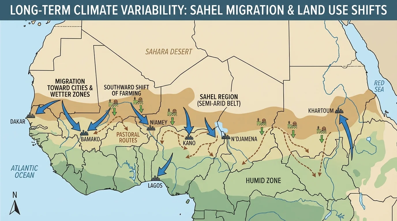 Map of the Sahel across Africa showing semi-arid belt, southward shift of farming, pastoral routes, and migration toward cities and wetter zones