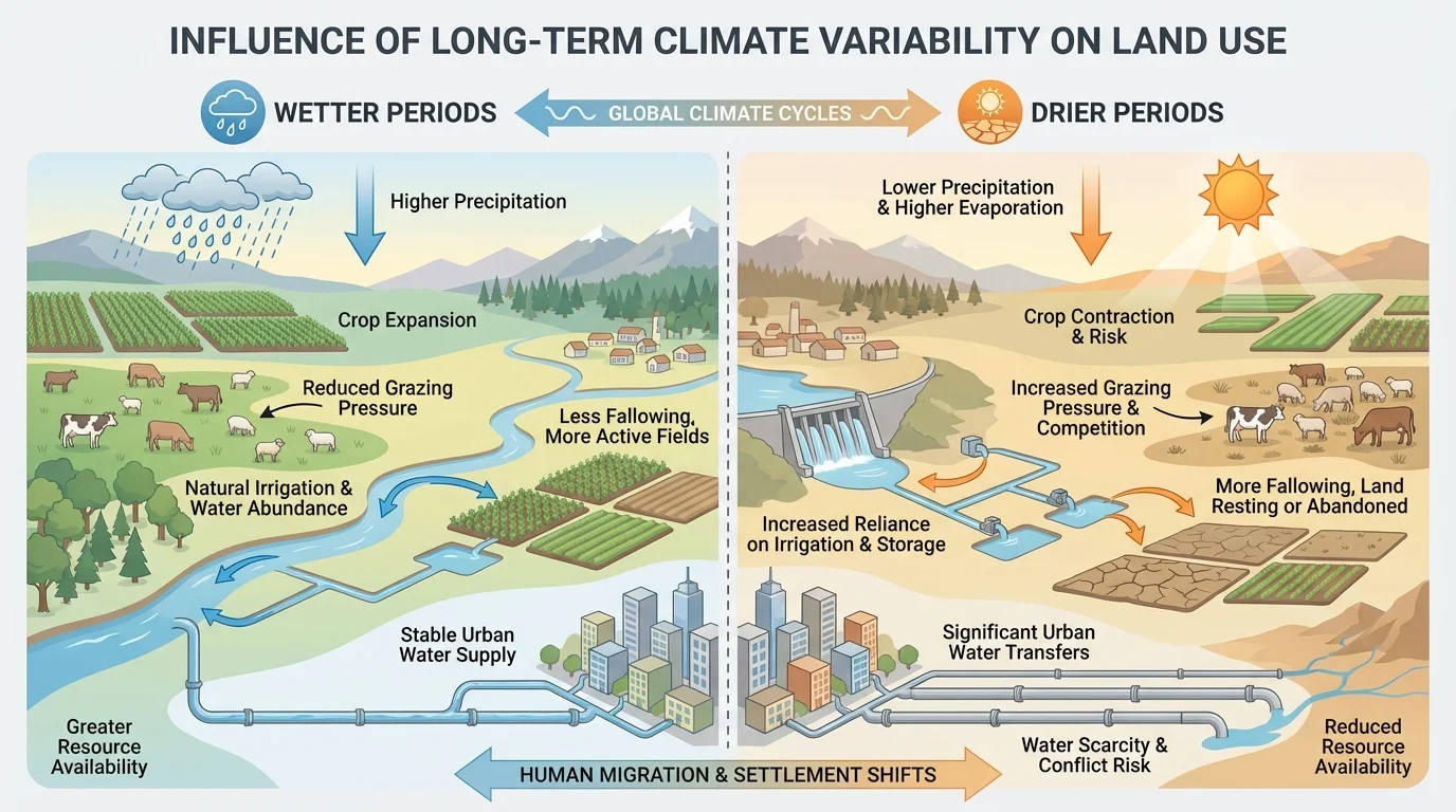 Diagram comparing land use during wetter periods and drier periods: crop expansion, grazing pressure, irrigation, fallowing, and urban water transfers
