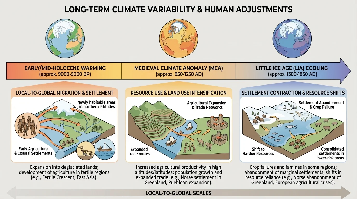 Timeline highlighting Holocene warming, medieval climate changes, Little Ice Age cooling, and selected migration or settlement adjustments