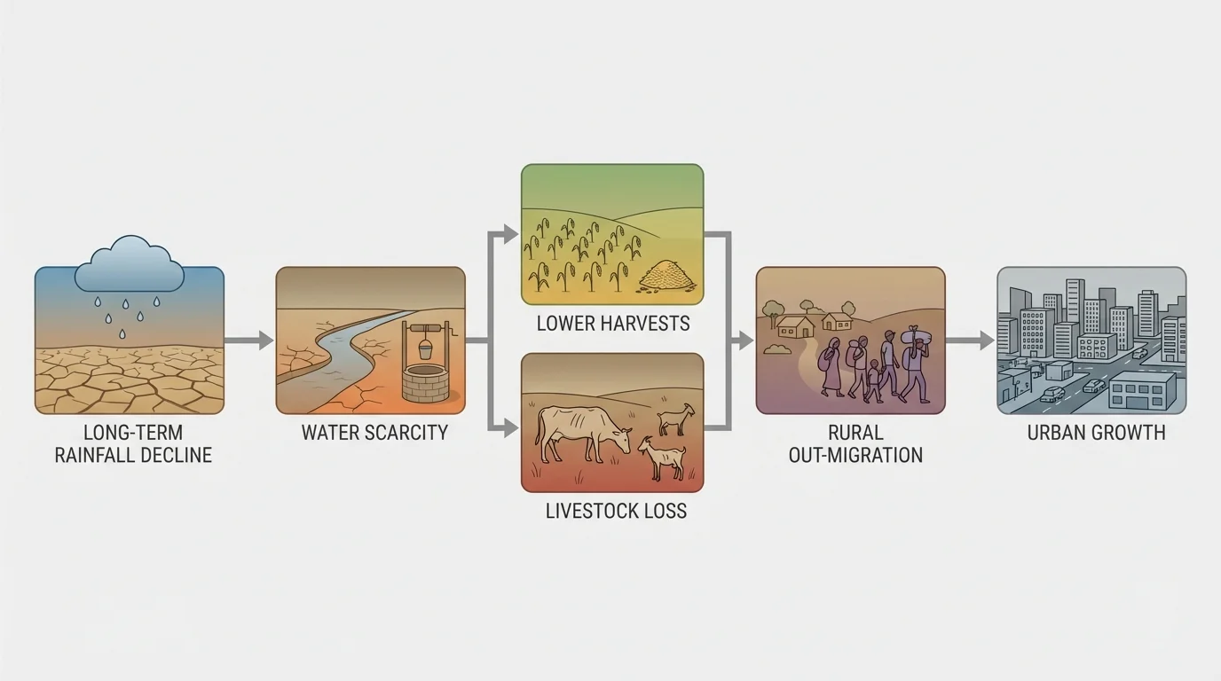 Flowchart showing long-term rainfall decline leading to water scarcity, lower harvests, livestock loss, rural out-migration, and urban growth