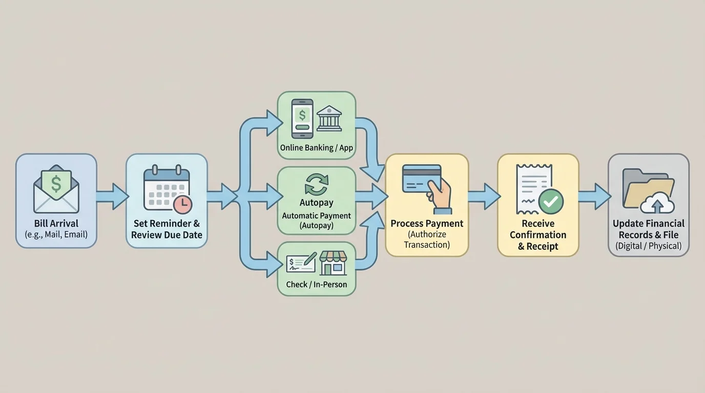 Bill payment flowchart from bill arrival to due date reminder, payment method, confirmation, and record keeping
